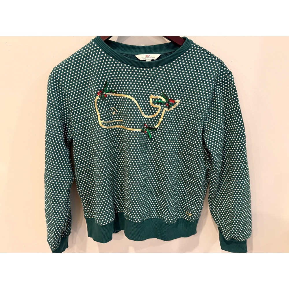 Vineyard Vines Girls Green Polka Dot Sequin Whale Sweatshirt M 12-14 7K001699